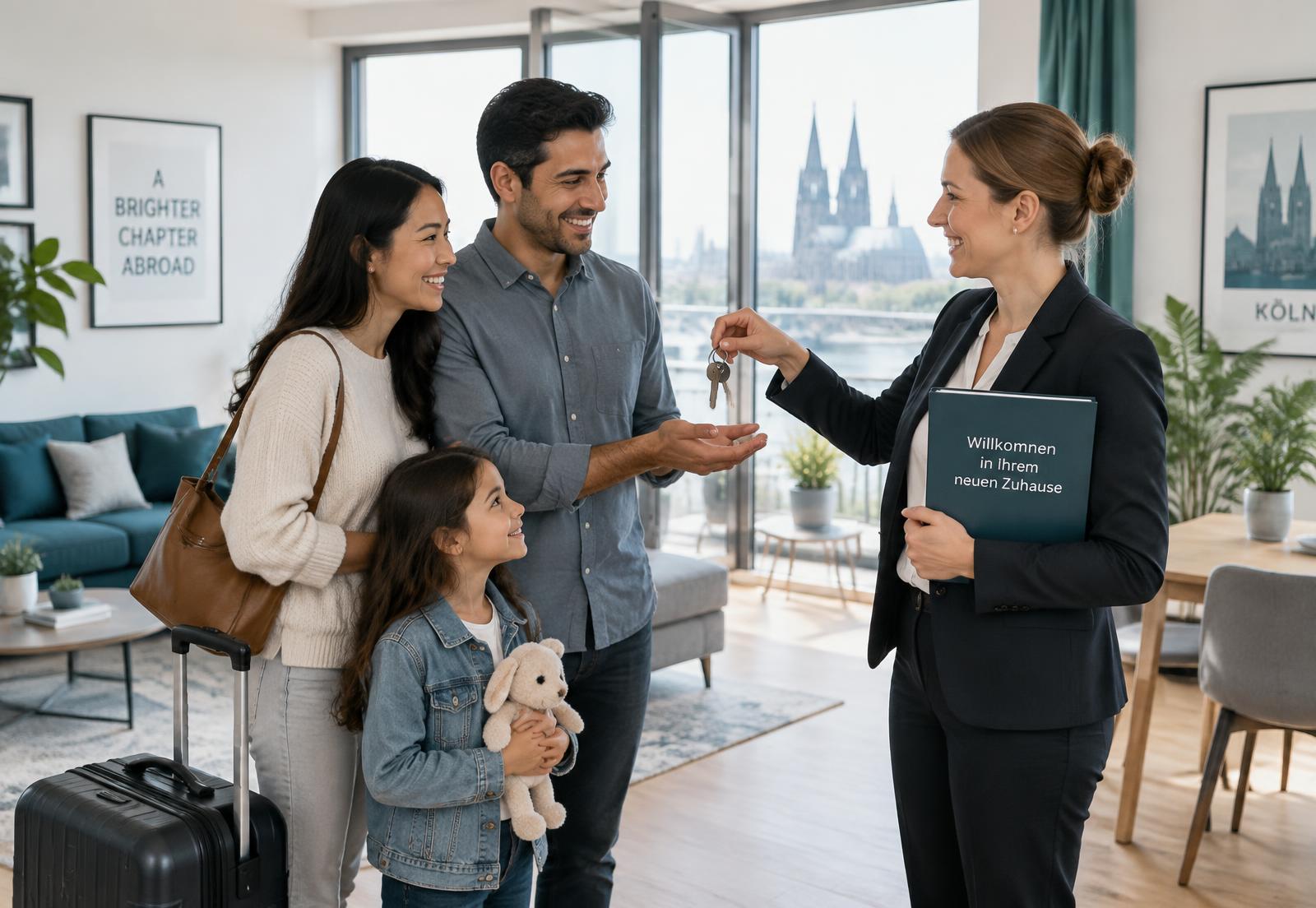 Relocation consultant handing apartment keys to an arriving family in Germany